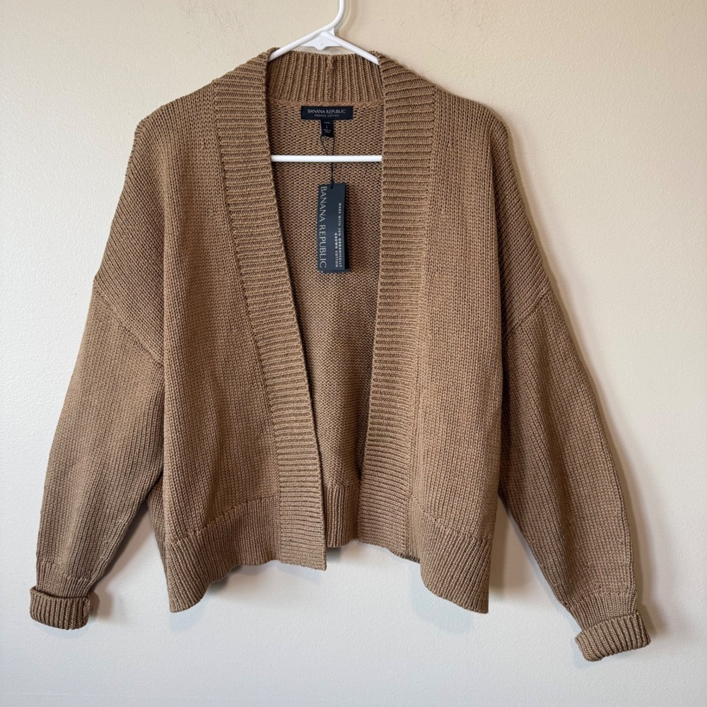 Banana Republic Women Cotton Cardigan PL Brown Open Front Shaker Minimalist New